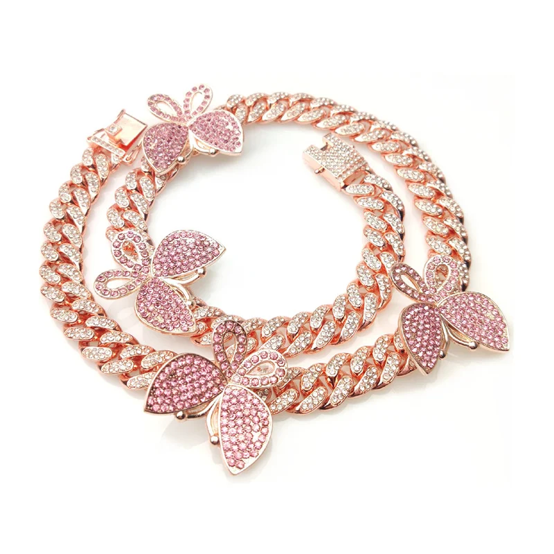 

Hot hip-hop diamond butterfly Cuban collarbone necklace for men and women