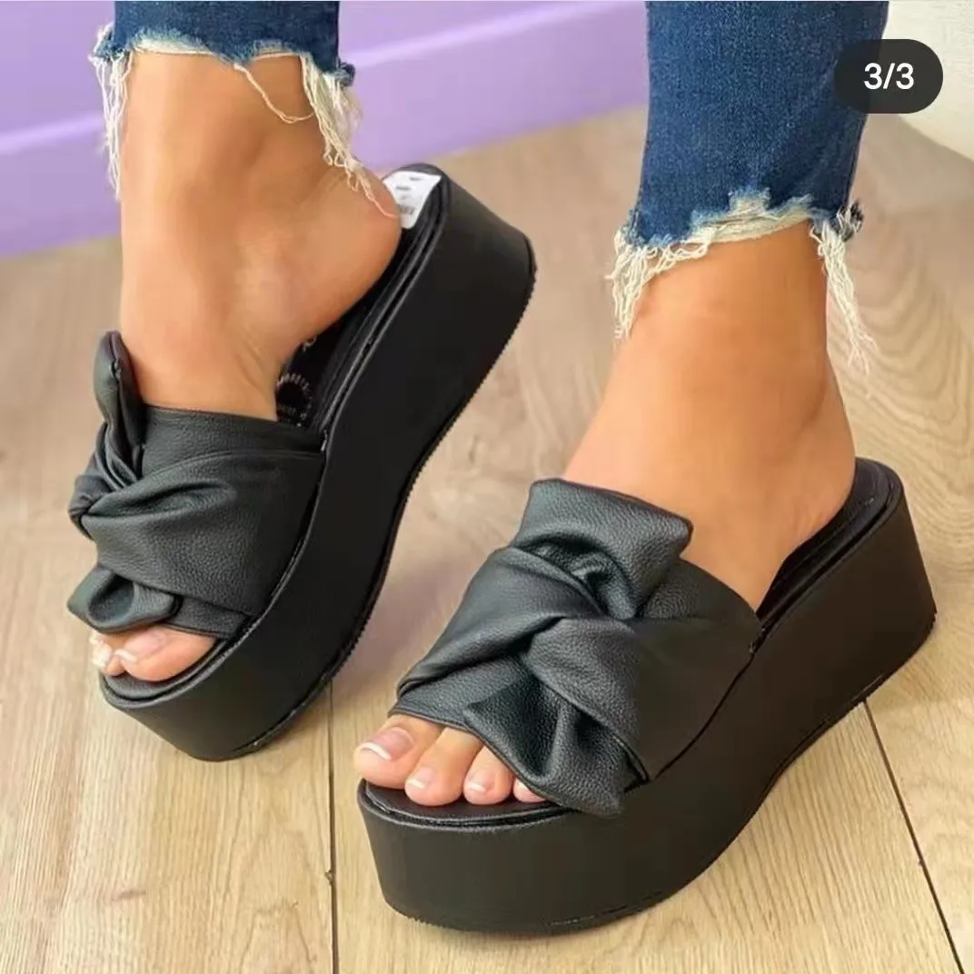 

2023 Large size solid color bow flip-flops women's outer wear beach sandals