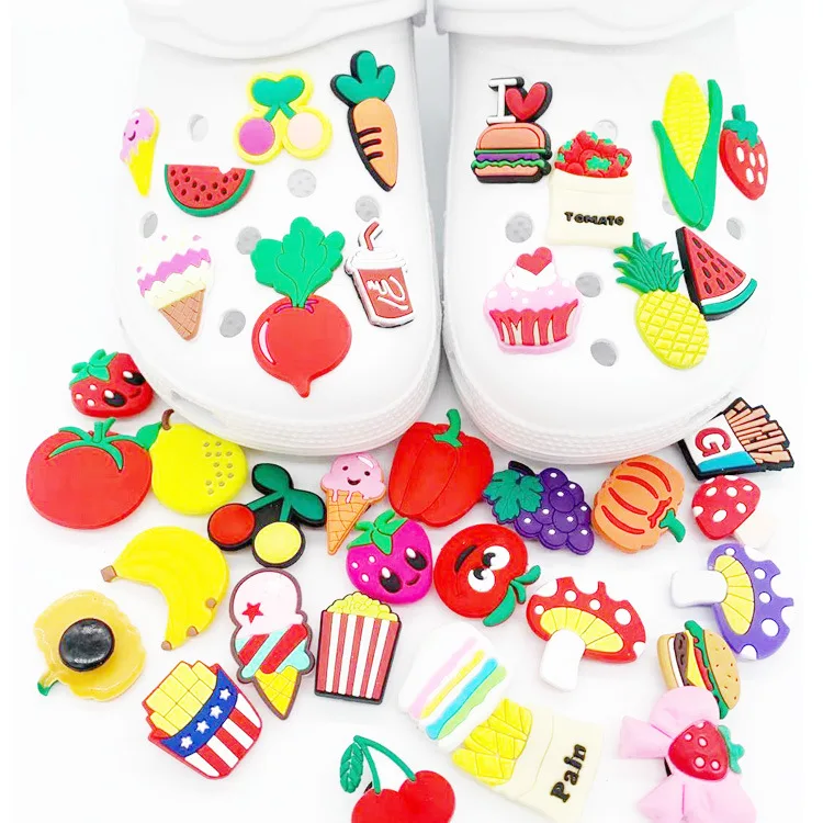 

cartoon food Strawberries Hamburgers Chips designs available promotional shoes decoration charms soft PVC shoe charms for croc