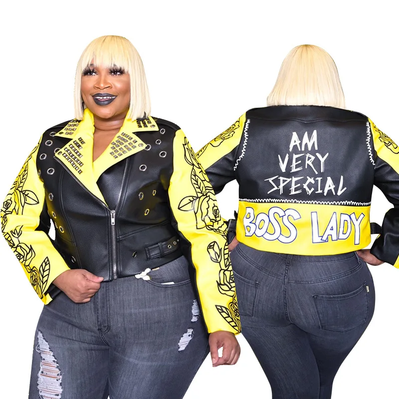 

Jackets for women PU leather printing rivets tassel street personality motorcycle clothing  women's leather clothing