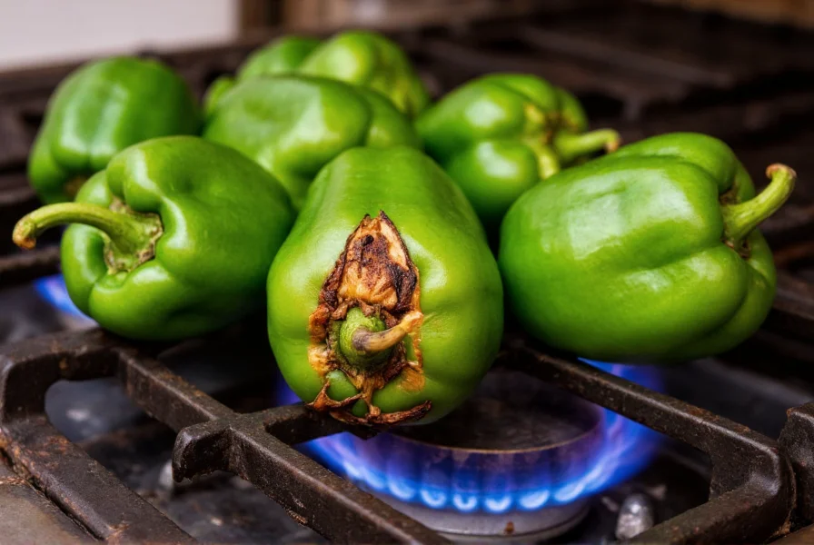Fresh poblano peppers roasting over gas flame, blistered skin visible, traditional Mexican kitchen setting
