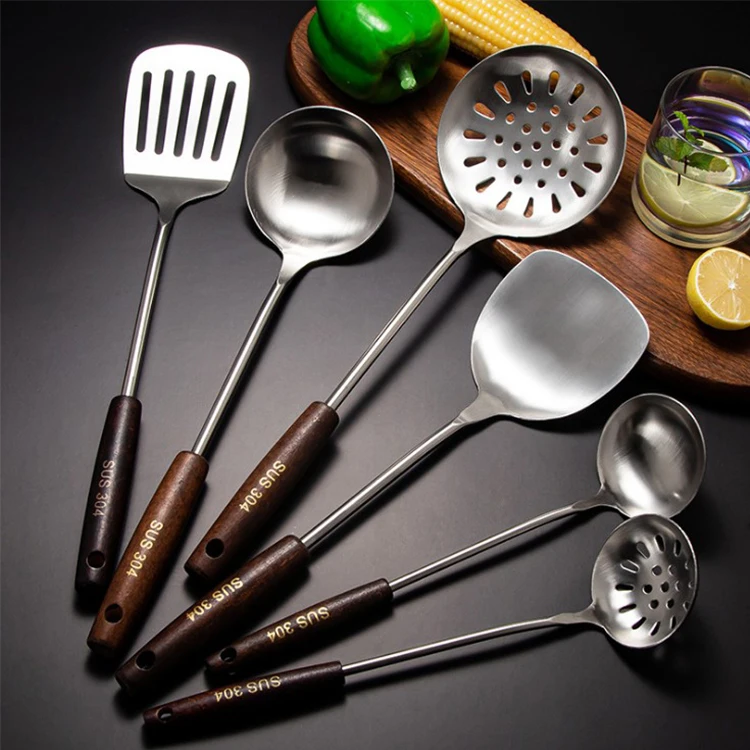 

High Quality Metal Cookware Set Spoon Colander Leak Shovel Anti-hot Wooden Handle 304 Stainless Steel Kitchen Spatula