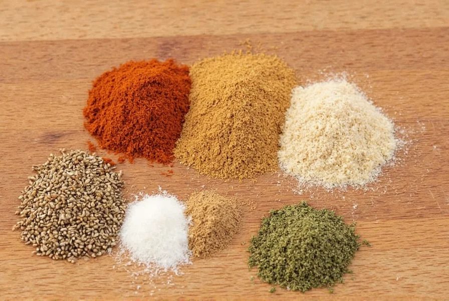 Homemade sazon seasoning ingredients arranged on wooden table: annatto seeds, coriander, cumin, garlic powder, oregano, and culantro