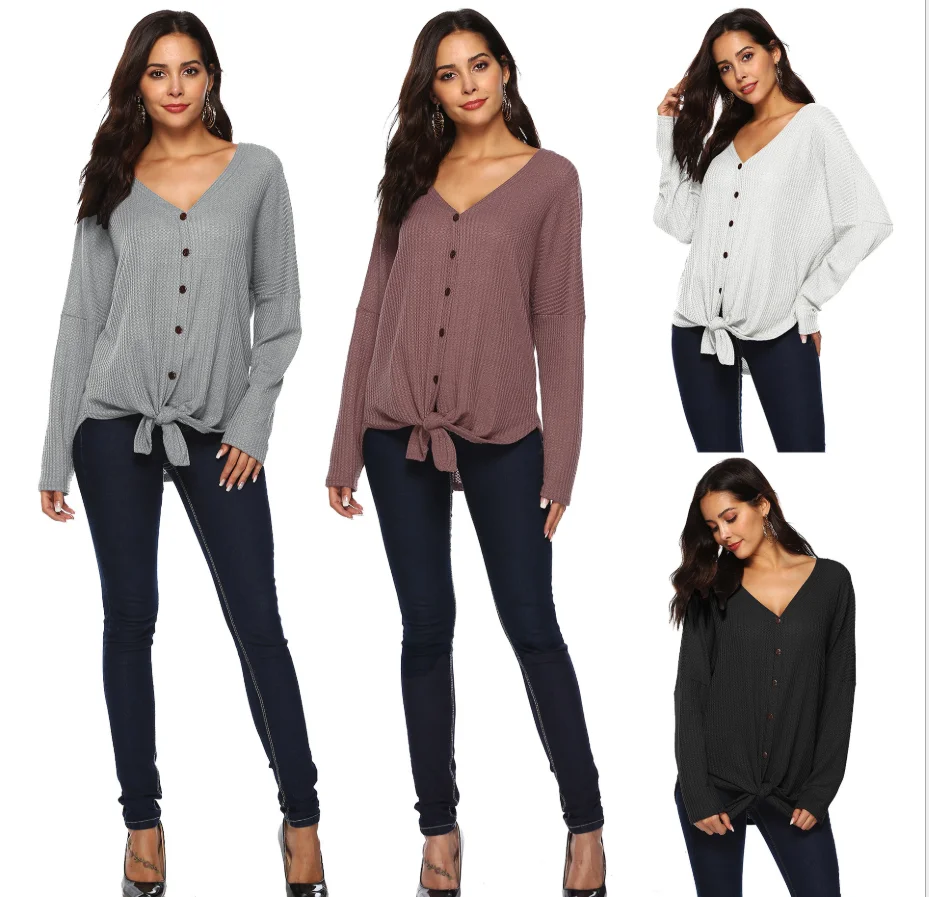 

Wholesale Woman Short V Collar Tie Buttons Cardigan