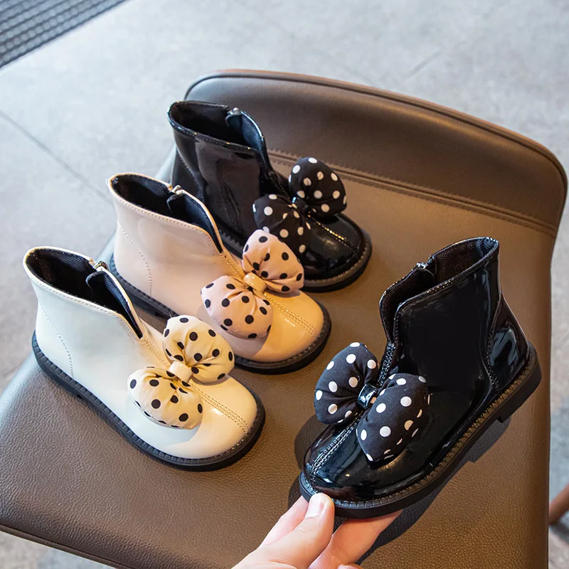

2022 Autumn New Bow Girls Princess Shoes Cute Children's Boots Shoes for 4-16 Years with Soft Sole Zipper
