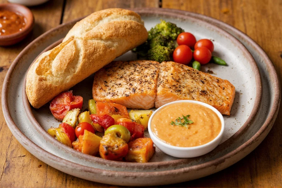 Roasted pepper aioli served with grilled salmon, roasted vegetables, and crusty bread on a wooden table