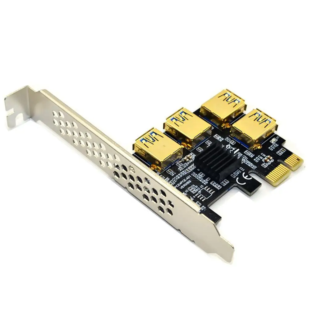 

Gold PCIE PCI-E Riser Card 1 to 4 USB 3.0 Multiplier Hub X16 PCI Express 1X 16X Adapter