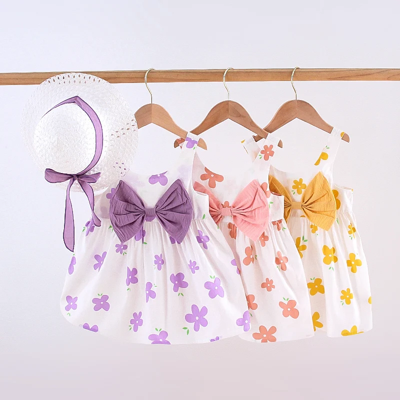 

Little Girl Children Kid Sleeveless Bow Flower Cotton Dresses for 2-6T Summer Holiday Outwear Fashion for Toddler, Purple/yellow/pink
