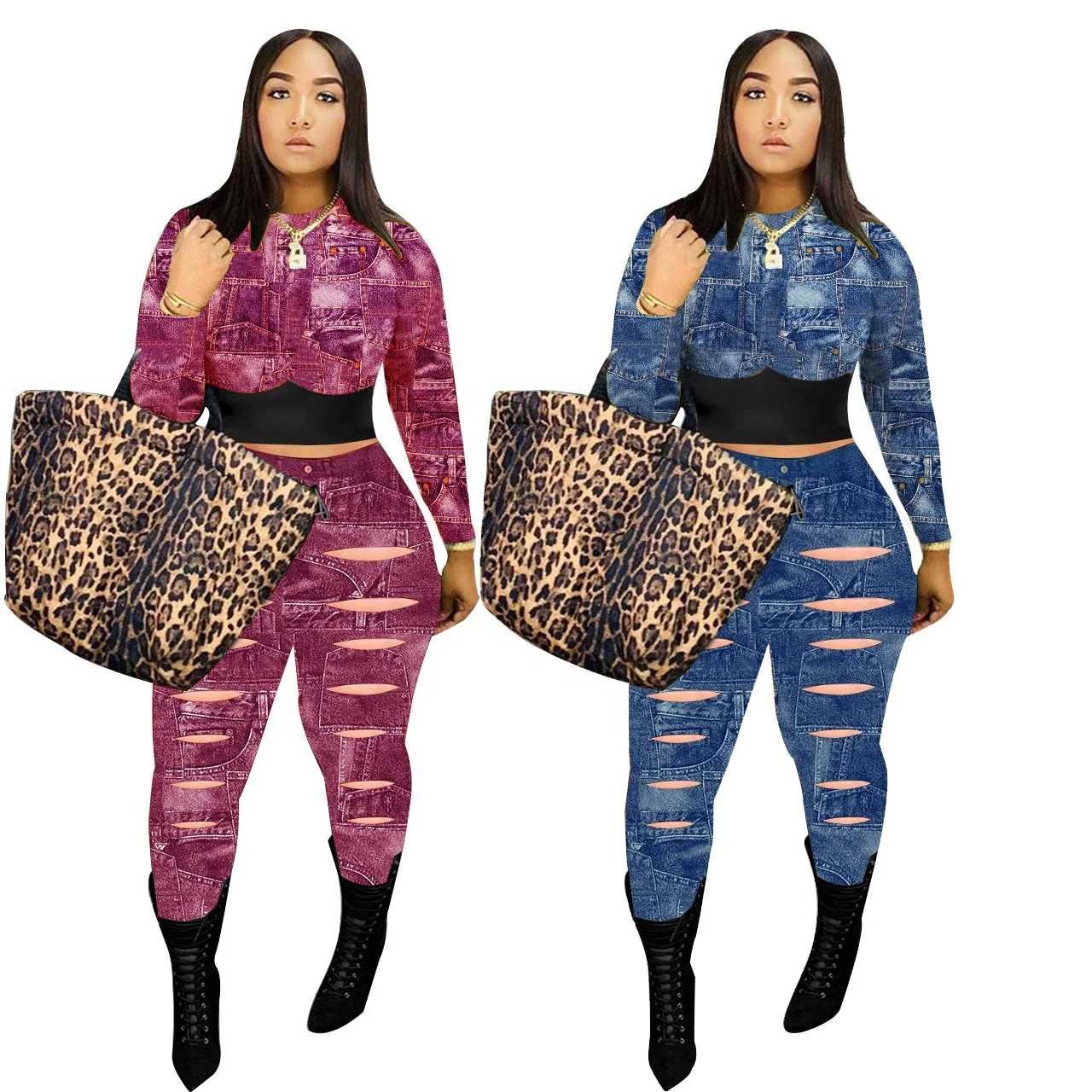 

MT136-049 Wholesale fashion ladies casual all-match printing hollow suit two piece pants set