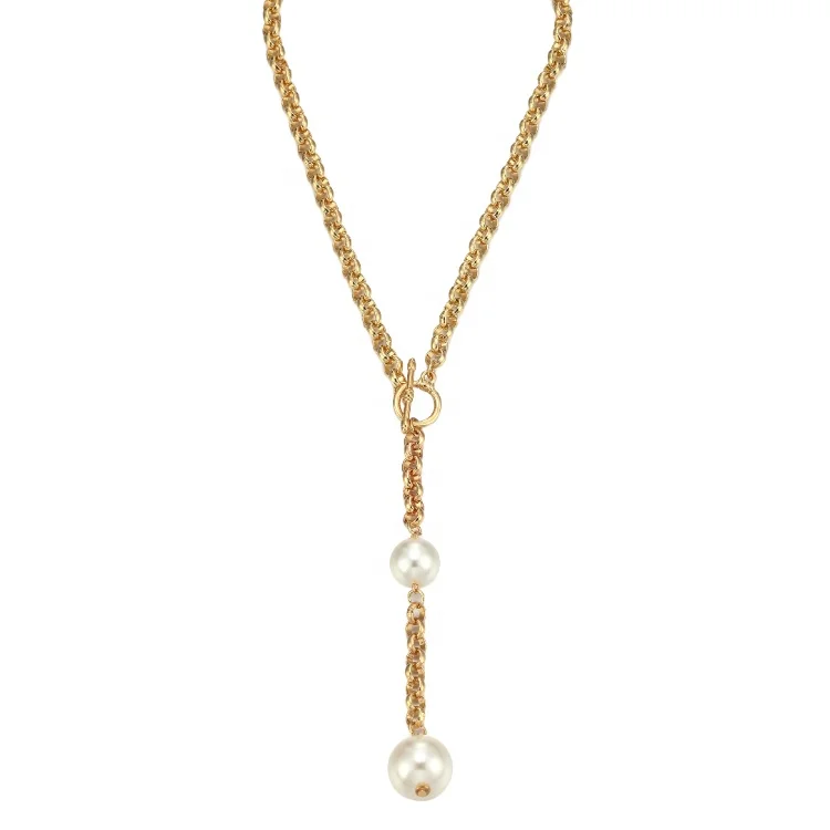 

Dina Trendy High Quality Long Chain Woman Gold Punk Necklace With Pearls Pendant