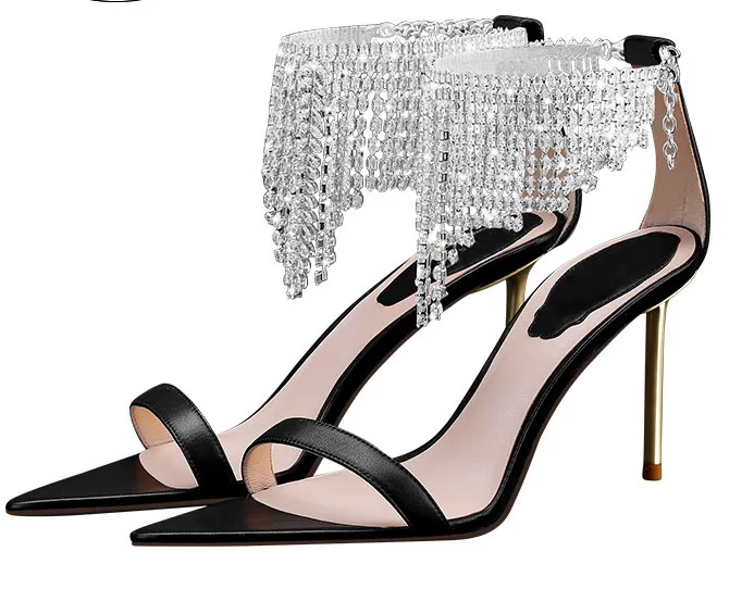 

Luxury Design diamond rhinestone crystal Tassel Strap women sandals elegant Point toe high heel shoe ladies women sandals shoes