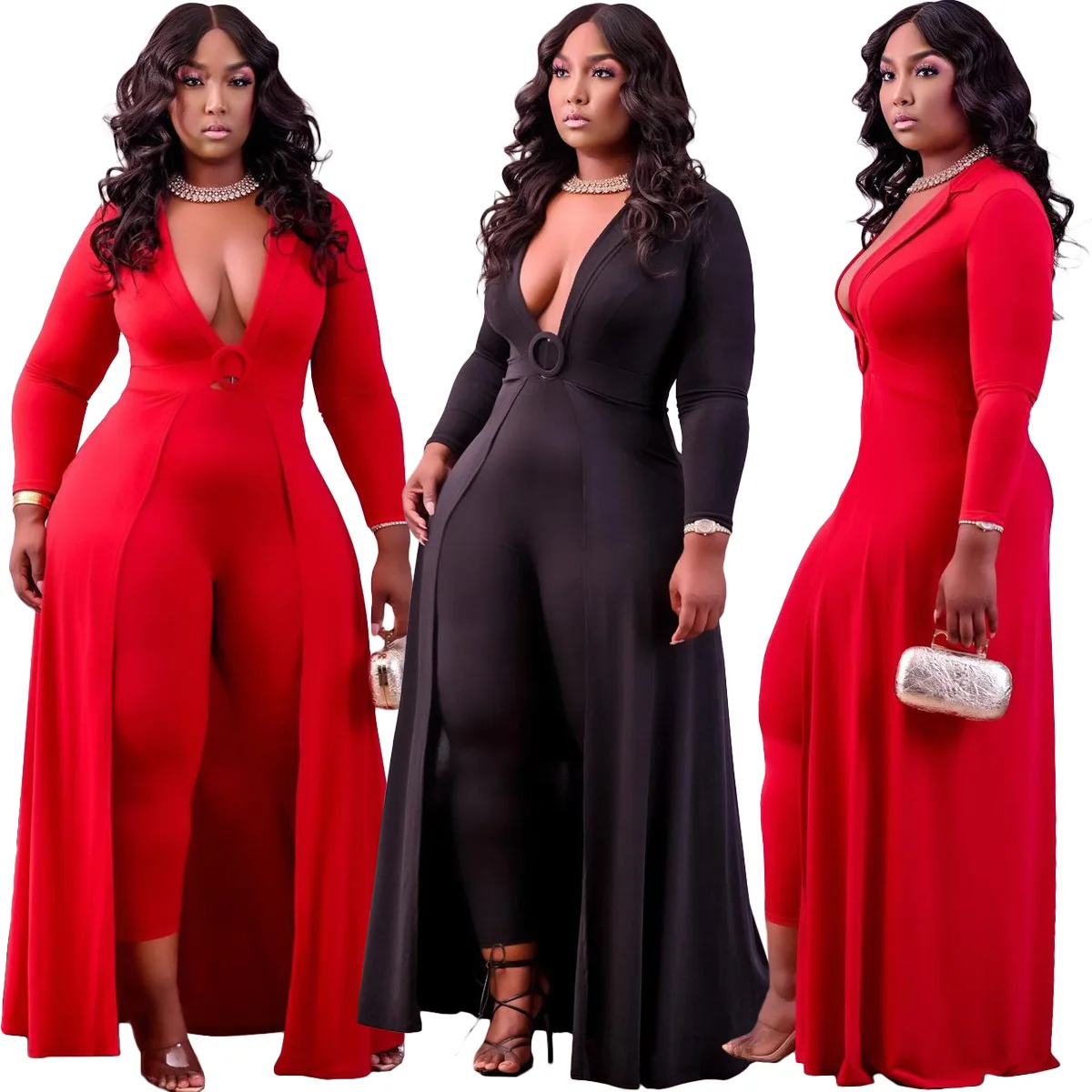 

New fall jumpsuit plus size womens clothing solid color long sleeved V neck jumpsuits skirt plus size jumpsuit, 4 colors