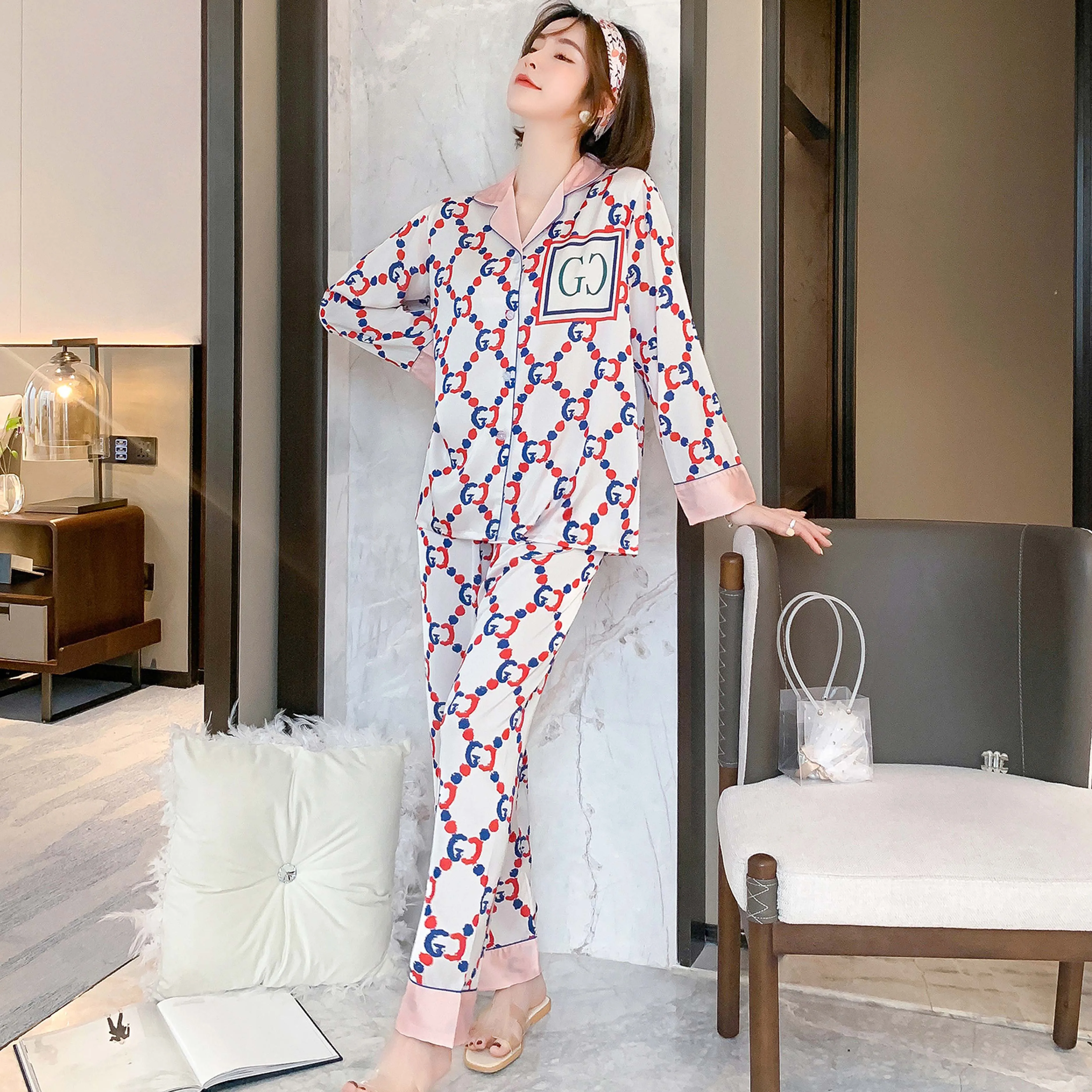 

New arrivals luxury animal silk satin Pajamas women's home wear Pajama Sleepwear plus size summer nightwear