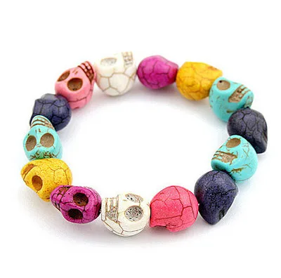 

Punk Personality Colorful Skull Skeleton Bracelets Delicate Gothic Head Bone Stone Elastic Strand Bead Bracelets for Men Women, Picture shows