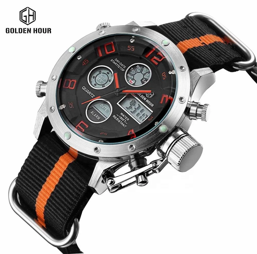 

GOLDENHOUR OEM digital LED men 3 time zone quartz sports fashion watch luxury waterproof cheap wrist men watches, 8 colors