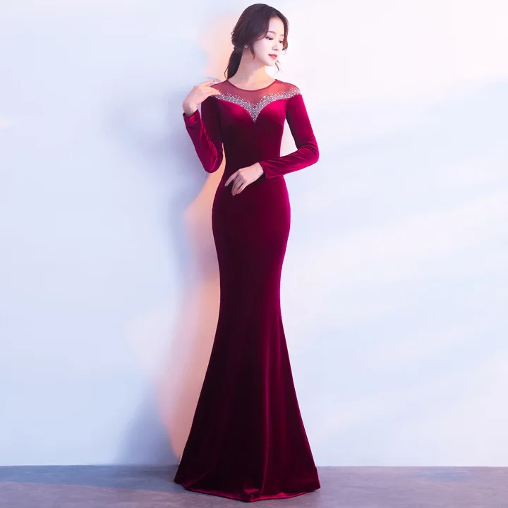

Hot islamic velvet V backless mermaid evening prom dress, As shown