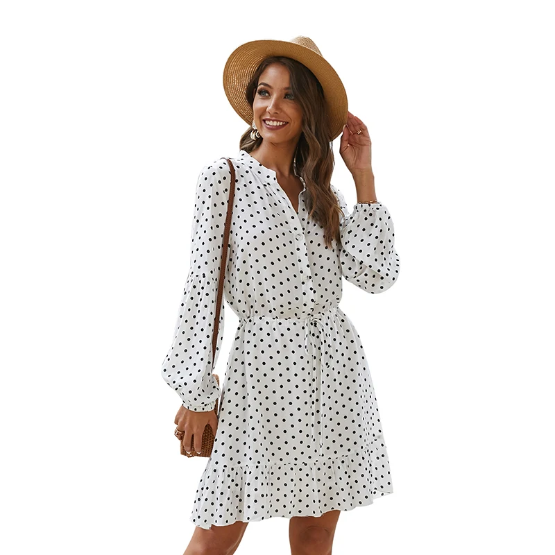 

New Style Organic Dress White Polka Dot Women 100% Cotton Shirt Dress, White, navy blue, red