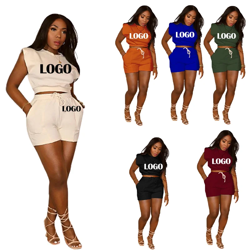 

5XL Plus Size Custom Logo Plain Sleeveless Track Suit Sportswear Biker Ladies Jogger 2 Pcs Set Women Outfits Two Piece Short Set