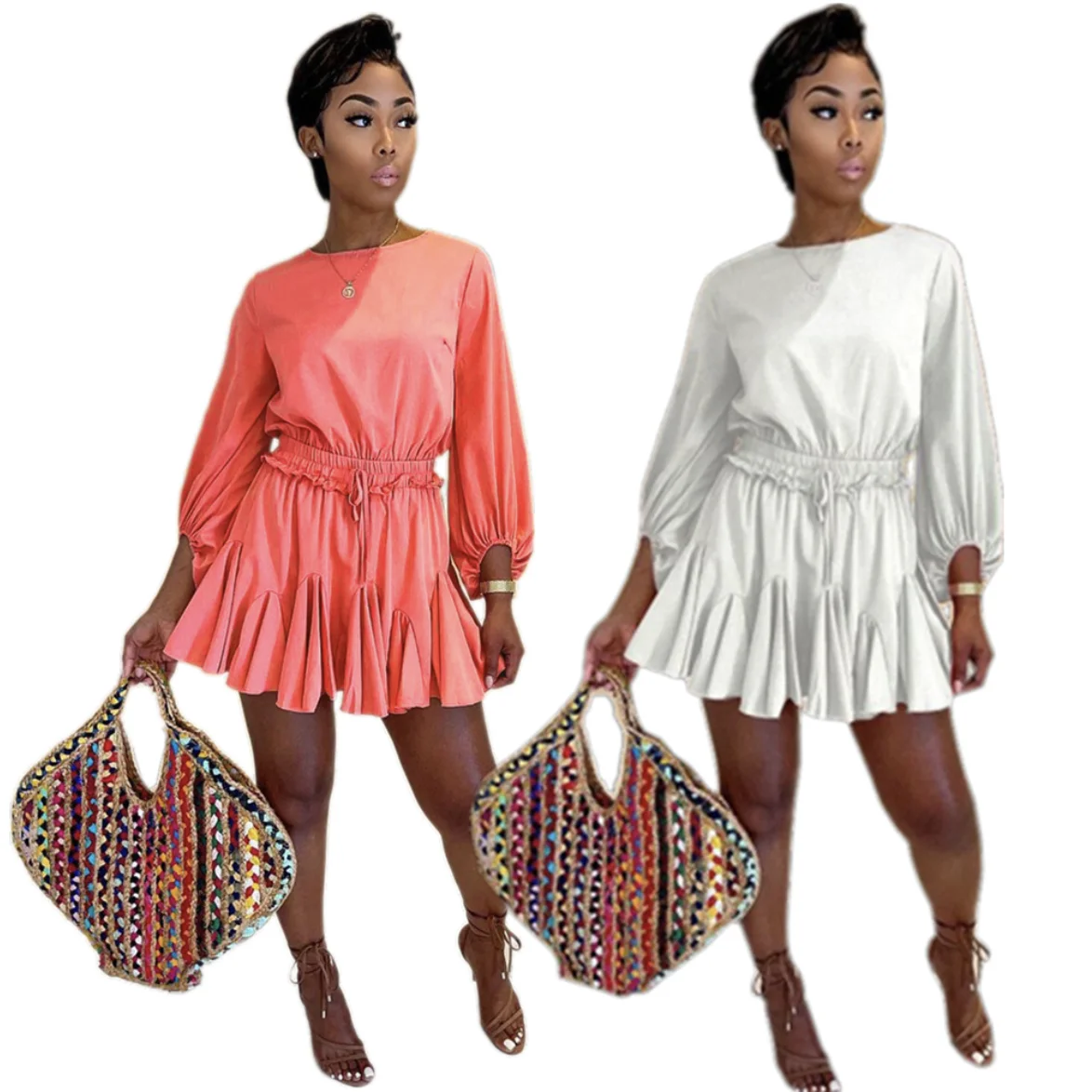 

women Round collar puffy sleeves high waist loose casual dress women plus size S-3XL solid pleated skirt dress
