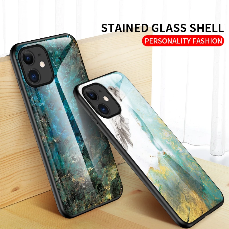 

Luxury Marble Style TPU Tempered Glass Phone Cases Anti-scratch Back Cover Case for iPhone 12 12Pro 12Pro Max, 6 colors