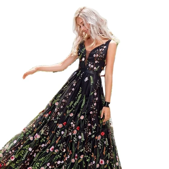 

Fashion Ball Gown Sexy deep V Sleeveless embroidered Dress For women, Customized colors