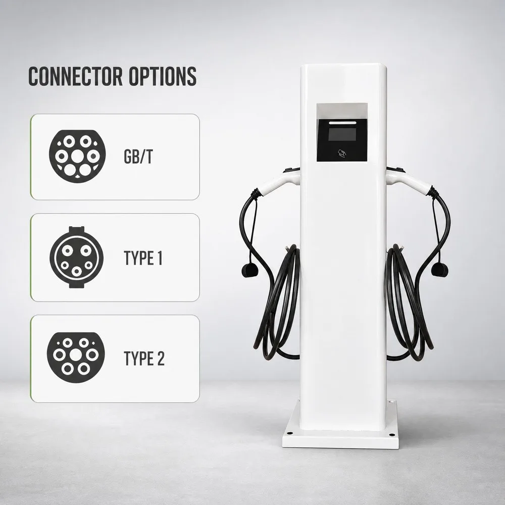 Connector options for the AC charging station: GB/T, Type 1 and Type 2