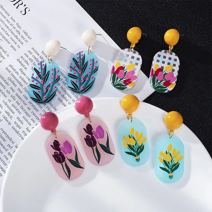 

Retro Pastoral Flower 925 Silver Earrings Acrylic Earrings, Picture shows