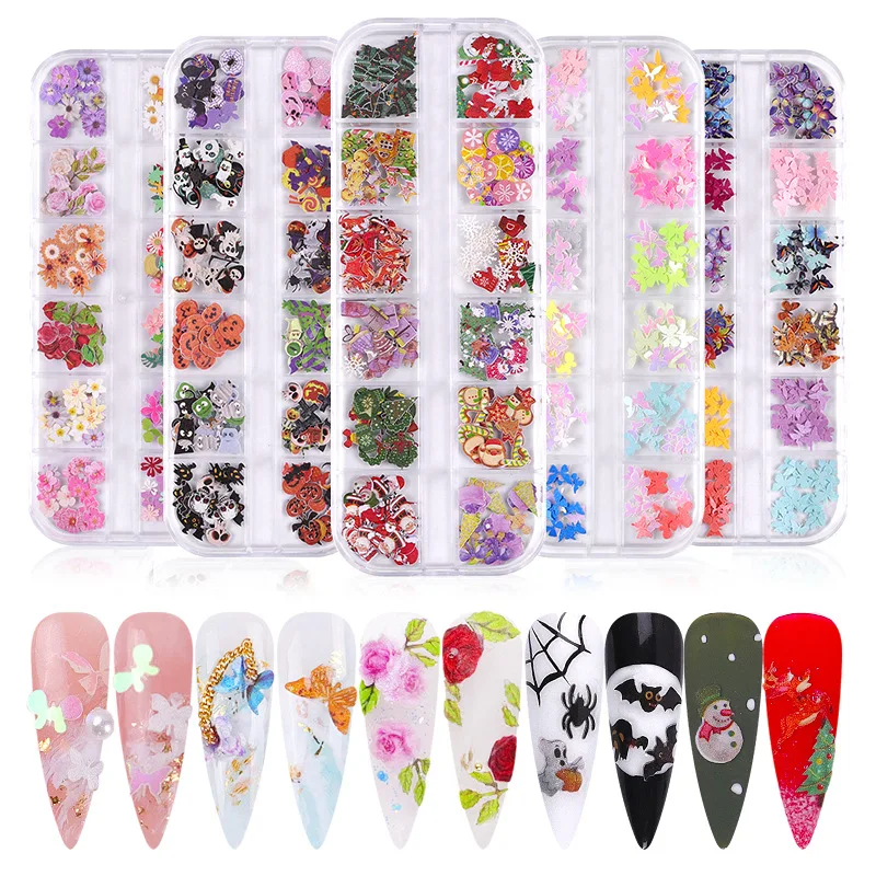 

Butterfly Shape Colorful Flowers Mix Halloween Christmas Wood Pulp Nail Flake Manicure 3D Nail Art Sticker Decoration, Mixed color