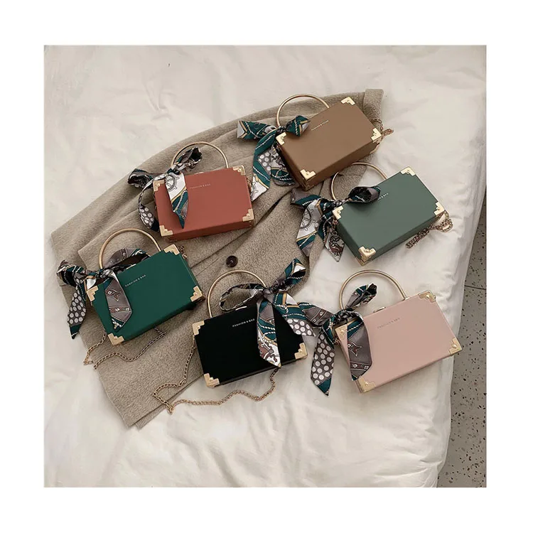 

Trendy Box Hand Bags Women Fashion Chain Crossbody Bags Luxury Scarf Tote Lady Evening Party Metal Handle Clutch Small Handbags