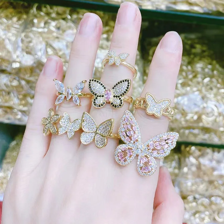 

RM1232 New Dainty 18K Gold Plated Crystal Diamond CZ Micro Pave Butterfly Rings For Women Ladies