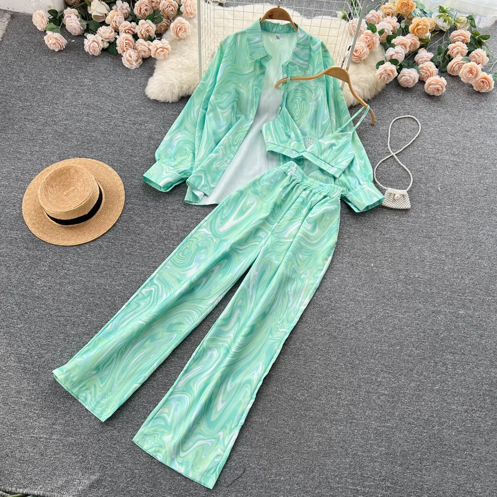 

One size autumn women's small sling vest Printed long-sleeved shirt top High waist wide leg trousers Three-piece set