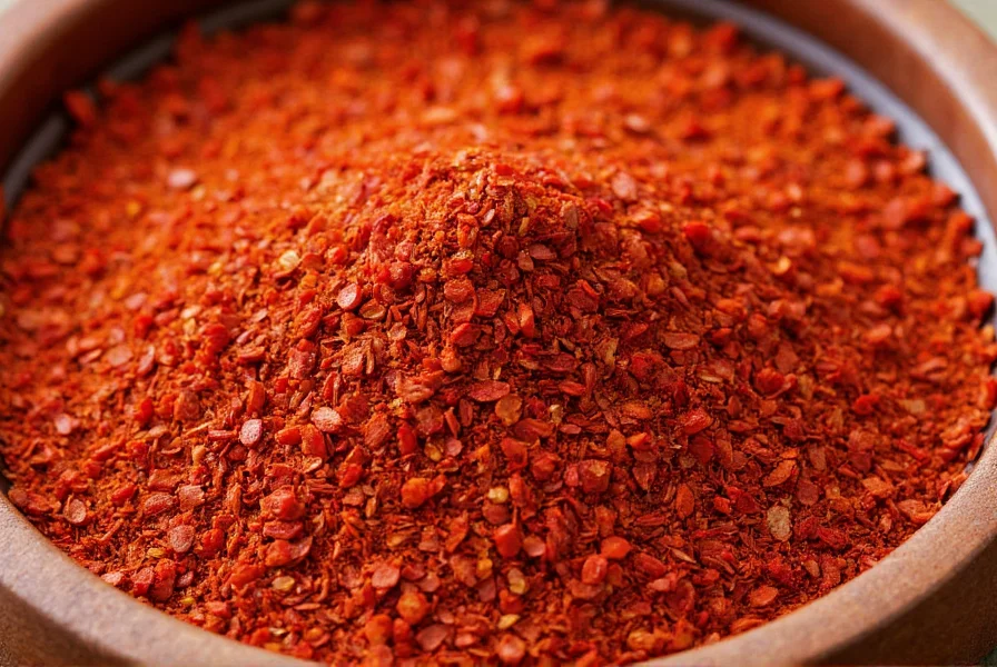 Close-up photograph of vibrant red Aleppo pepper flakes in a wooden spice bowl with olive oil droplets, showing the distinctive coarse texture and deep color
