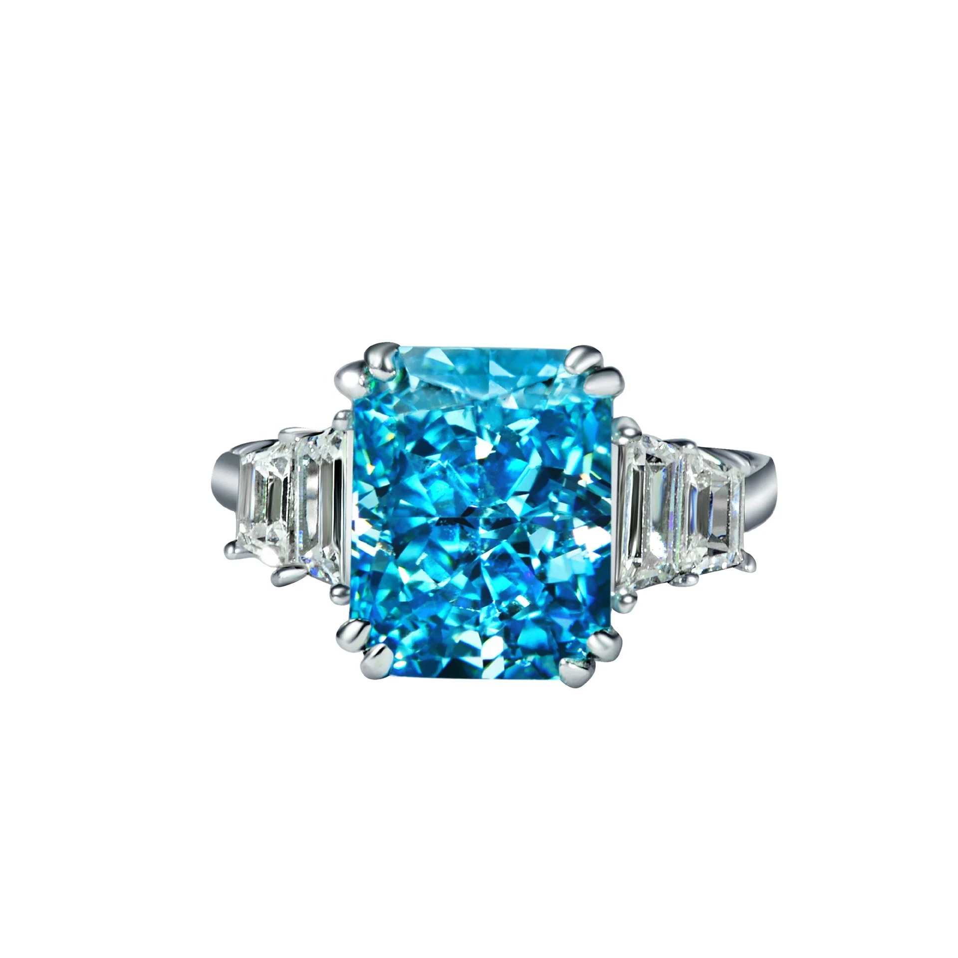 

2021 Trendy Sterling Silver s925 Ring Women Jewelry 5A Zircon Aquamarine Wedding Rings, Picture shows