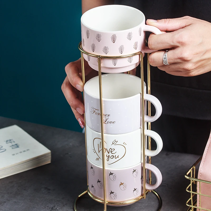 

Feiyou Nordic style INS luxury ceramic coffee cup simple Porcelain Coffee Mug Ceramic coffee cup set with iron frame, As the picture show