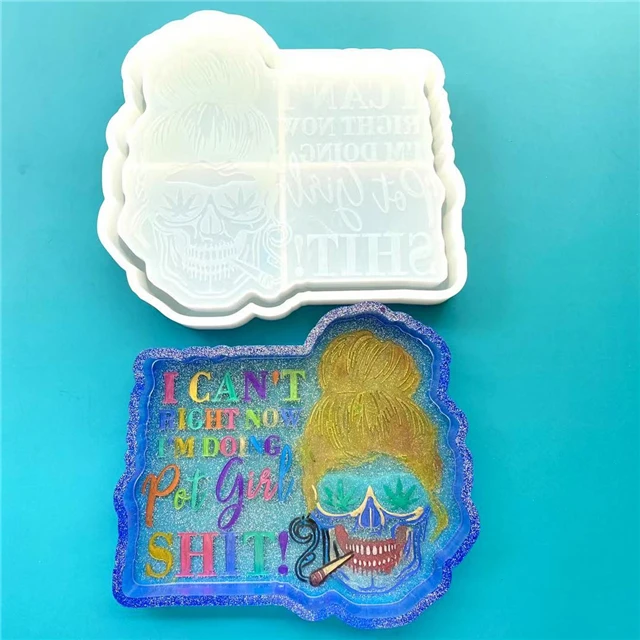 

J109 Free Sample DIY Shiny Resin Cannabis Tray Mold Pot Girl Tray Mold Skull Rolling Tray Silicone Molds, Stock or customized