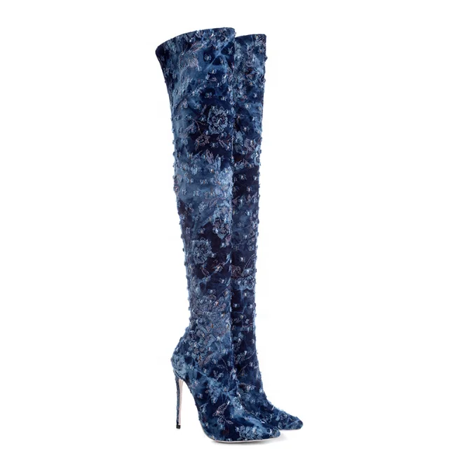 

New Style Denim Large Size Elastic Cloth Boots Flower Embroidered Pointed-toe High Heel Pleated Over Knee Boots Shoes Women, Blue