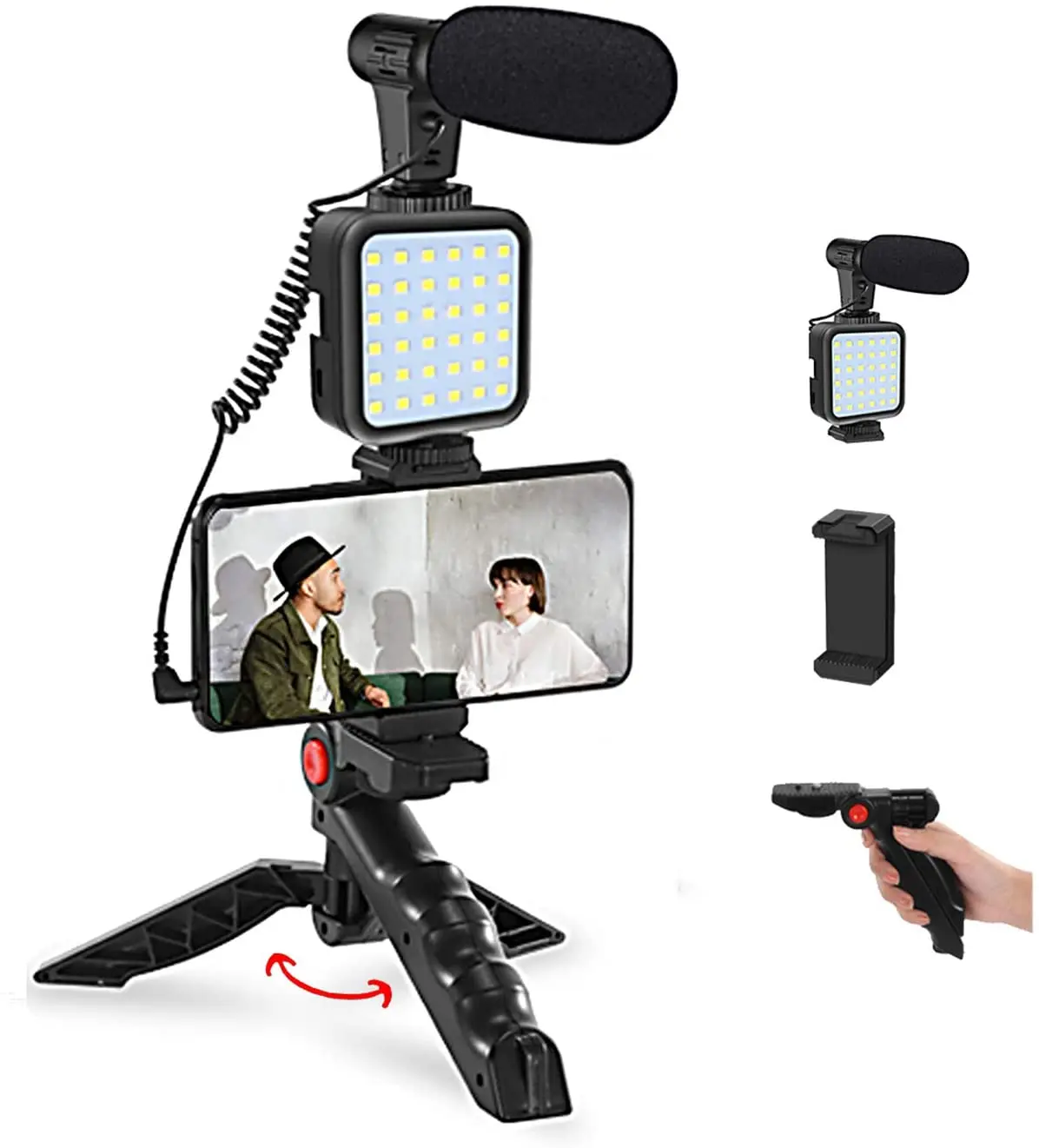 

Extension Pod Tripod with Shotgun Microphone and LED Light and Mini Ball Head Video kit Compatible with Camera and iPhone, Black