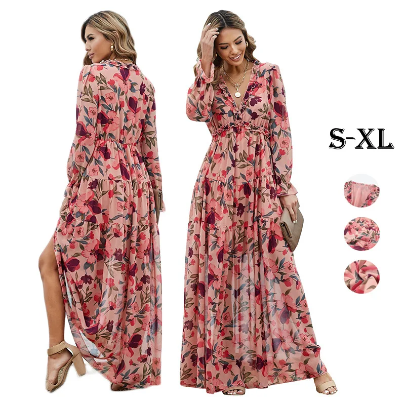 

2022 Spring Clothing Ladies Ruffle Long Sleeve Wild Lotus Tiered Dresses Women Casual Dress, As photo showed