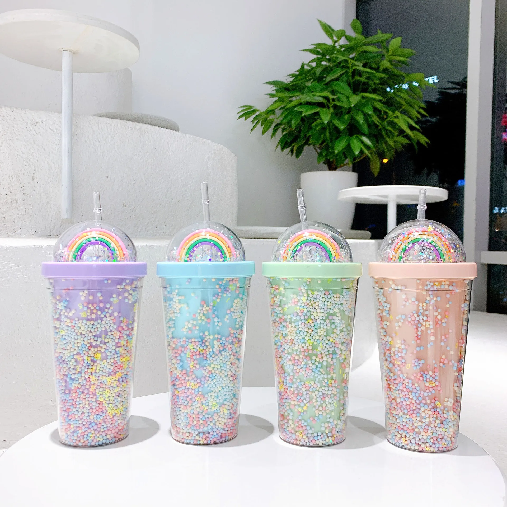 

Seaygift cute gilrs fashion colourful pearl 550ml rainbow plastic travel coffee cup mugs double wall glitter tumbler bottles, Black/pink/blue