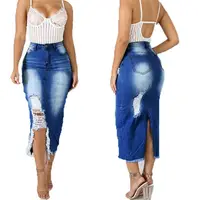 

9S03296 casual washed ripped pencil bodycon jean high quality women ladies wholesale denim skirt