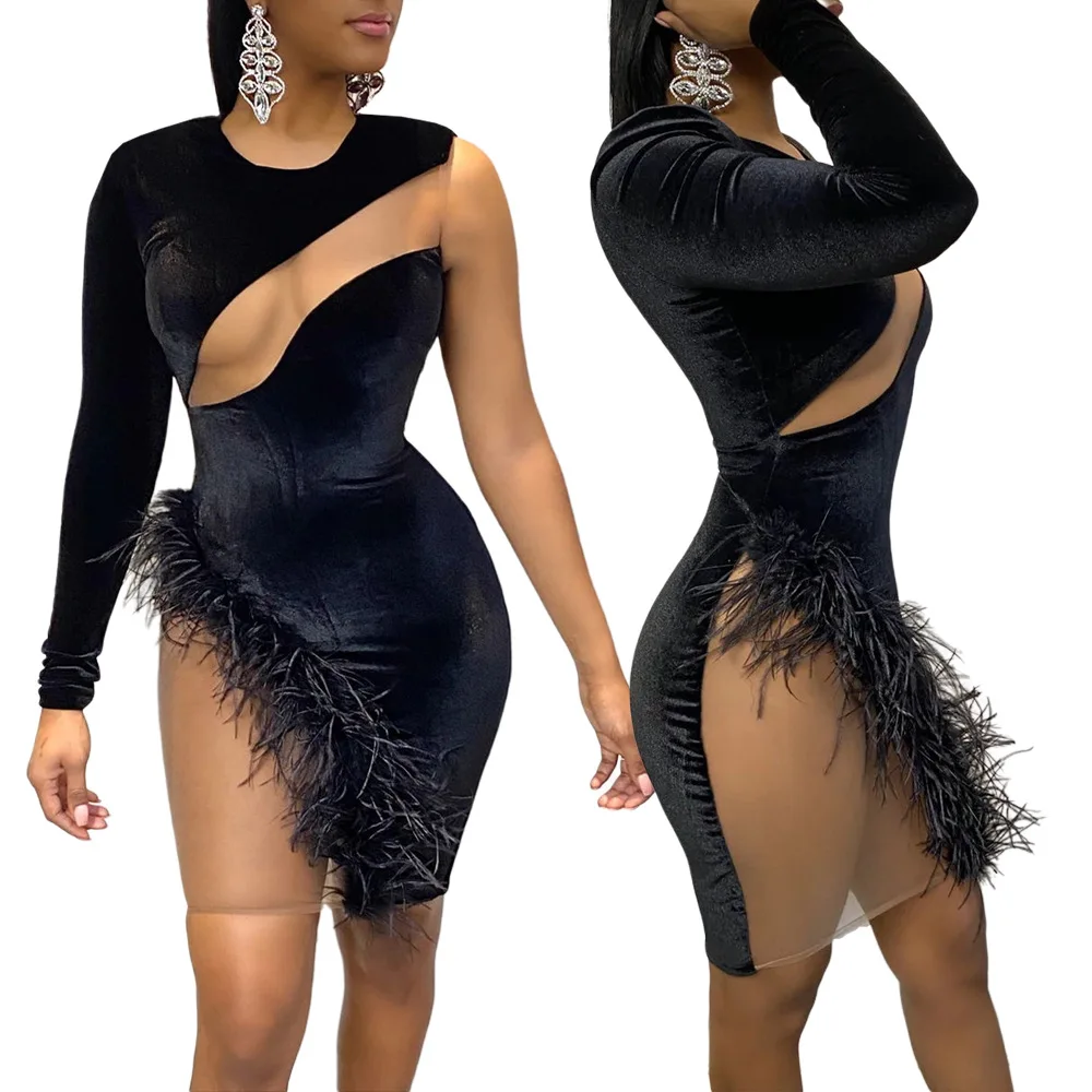 

Fashion Feather Design Elegant Party Evening Dresses Women Sexy Mesh Girls' Dresses