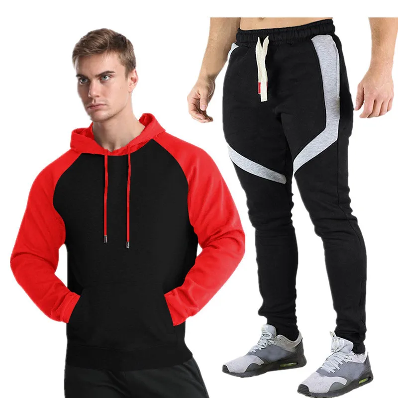 

Autumn Winter Plus Velvet Men's Sports Sweatsuit Fashion Stitching Casual Hoodies Two Piece Set Fashion Tracksuit, Shown