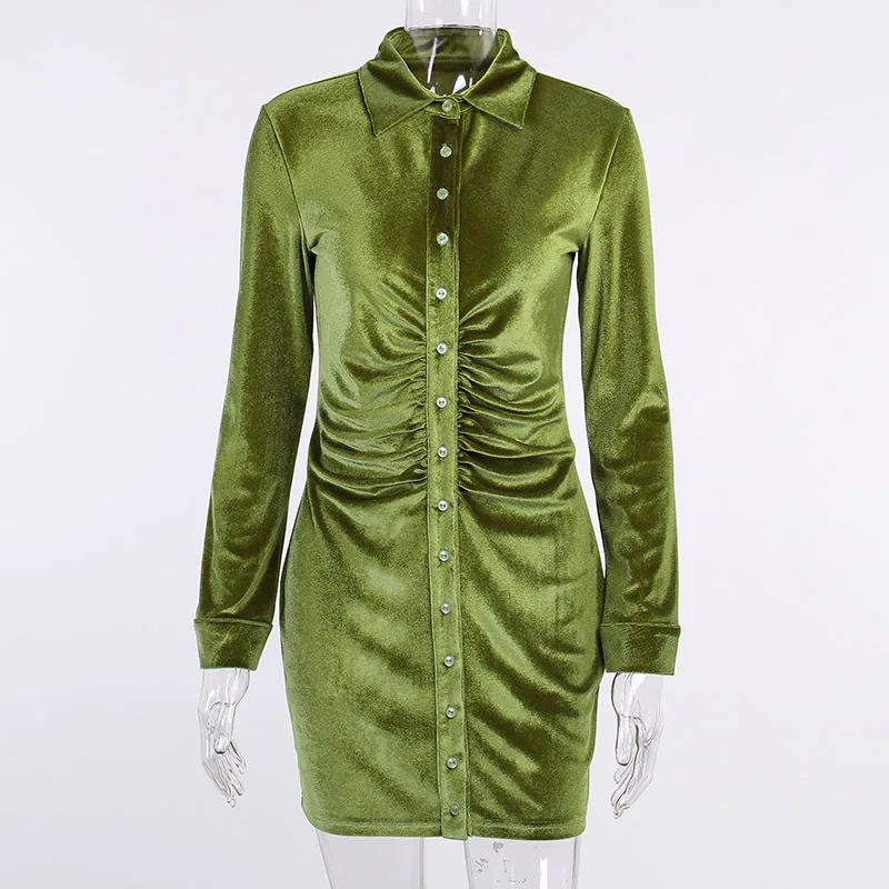 

2021 Women's Dress Shirt Blouse Green Velvet Bodycon Dresses Casual Long Sleeve Sexy Mini Dress Single Breasted, Green/orange/black/custom color