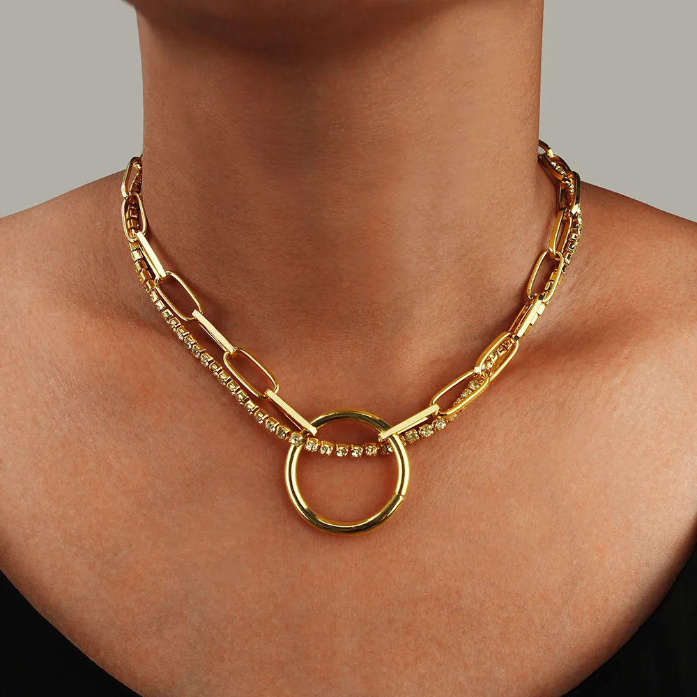 

European Statement Double Layered Link Chain Choker Necklace Crystal Rhinestone Gold Circle Heart Necklace