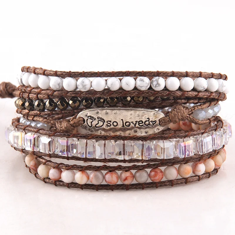 

Newest Women Boho Armbander Metal Charm Natural Stone Amazonite Bracelet Motivational Phrase 5 Strands Letter Wrap Bracelets