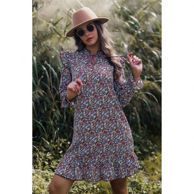 

PEARL Spring Summer Stand Collar Printing Casual Dresses 2021 Long Sleeve Mid Waist Bodycon Dress Women