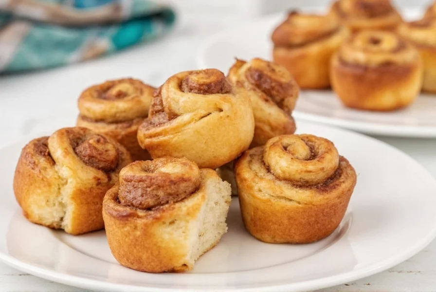 Step-by-step process showing mini cinnamon roll dough being rolled, filled, sliced, and arranged in baking pan