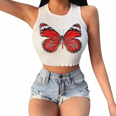 

Off Shoulder Summer Trendy Print White Women Short Tank Top