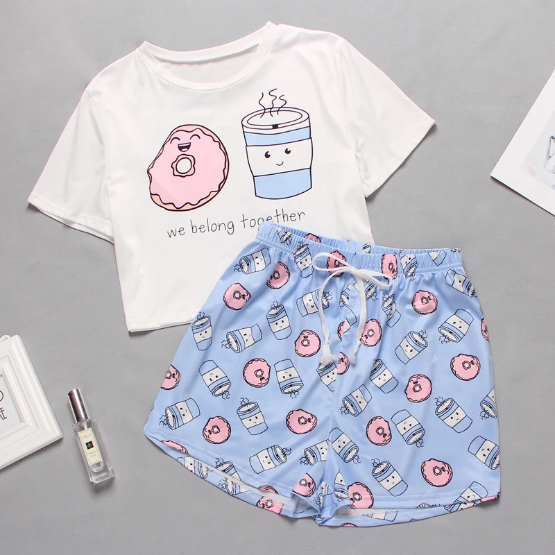

SUPHIS Short Sleeve T Shirts & Shorts Summer Pijama Women Pajama Set Sweet Women's Sleepwear Cute Cartoon Print Short Set Pajama