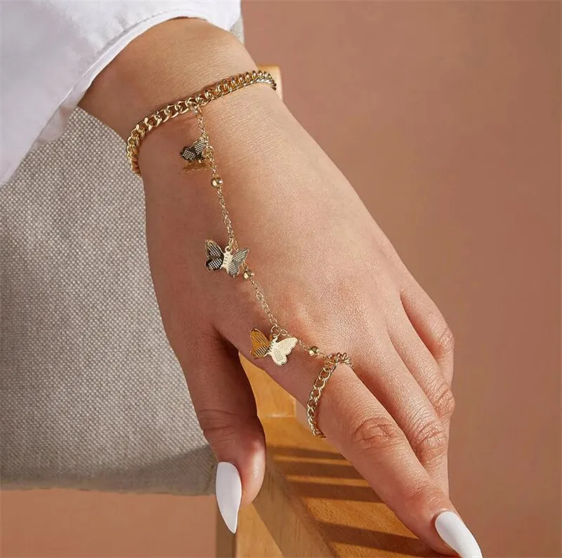 

European and American Personalized Retro Style Butterfly Bracelet Ring One Piece Women's Finger ring braceletSet Chain